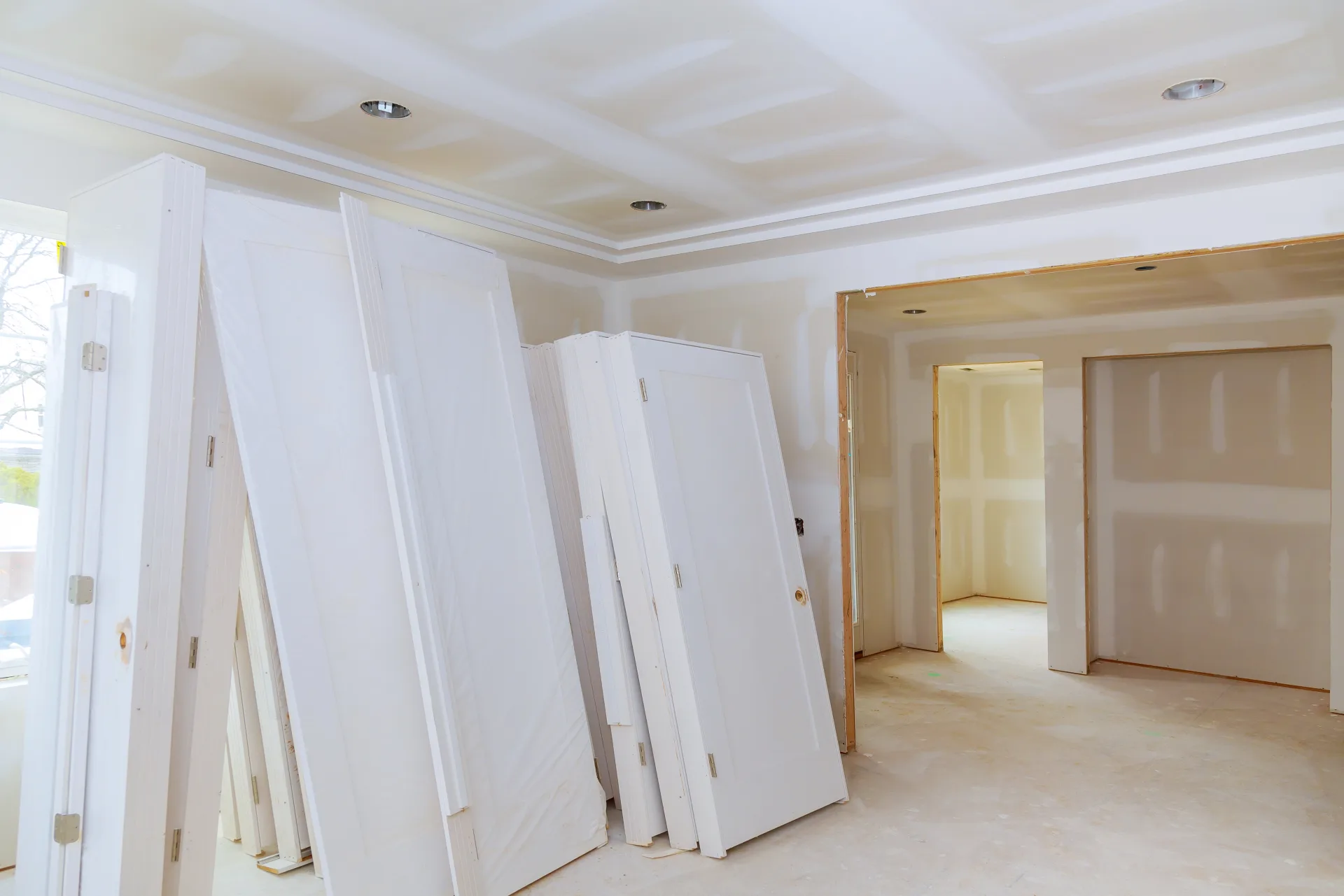 Post-construction interior at drywall stage ready for builders clean