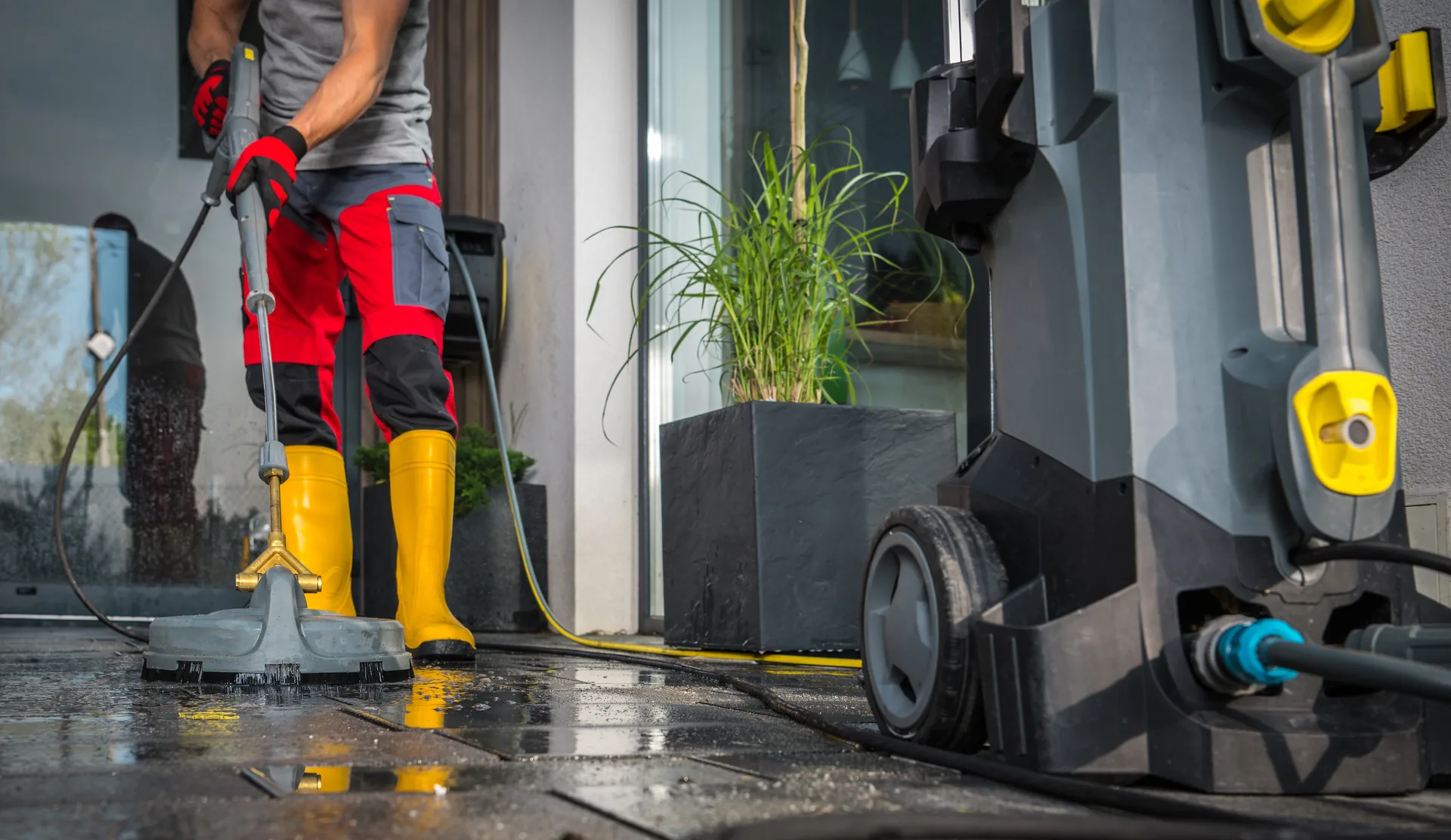 Cleaner in personal protective equipment on a commercial industrial site