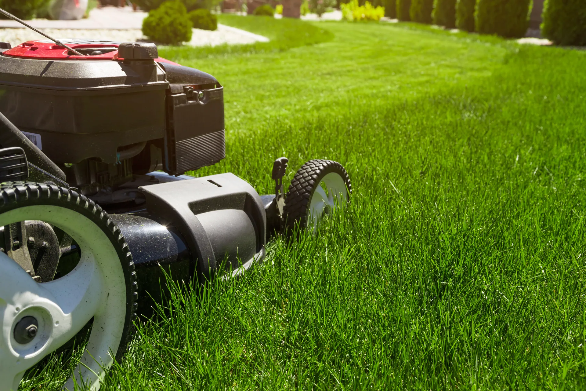 Mower on freshly cut grass at a commercial site