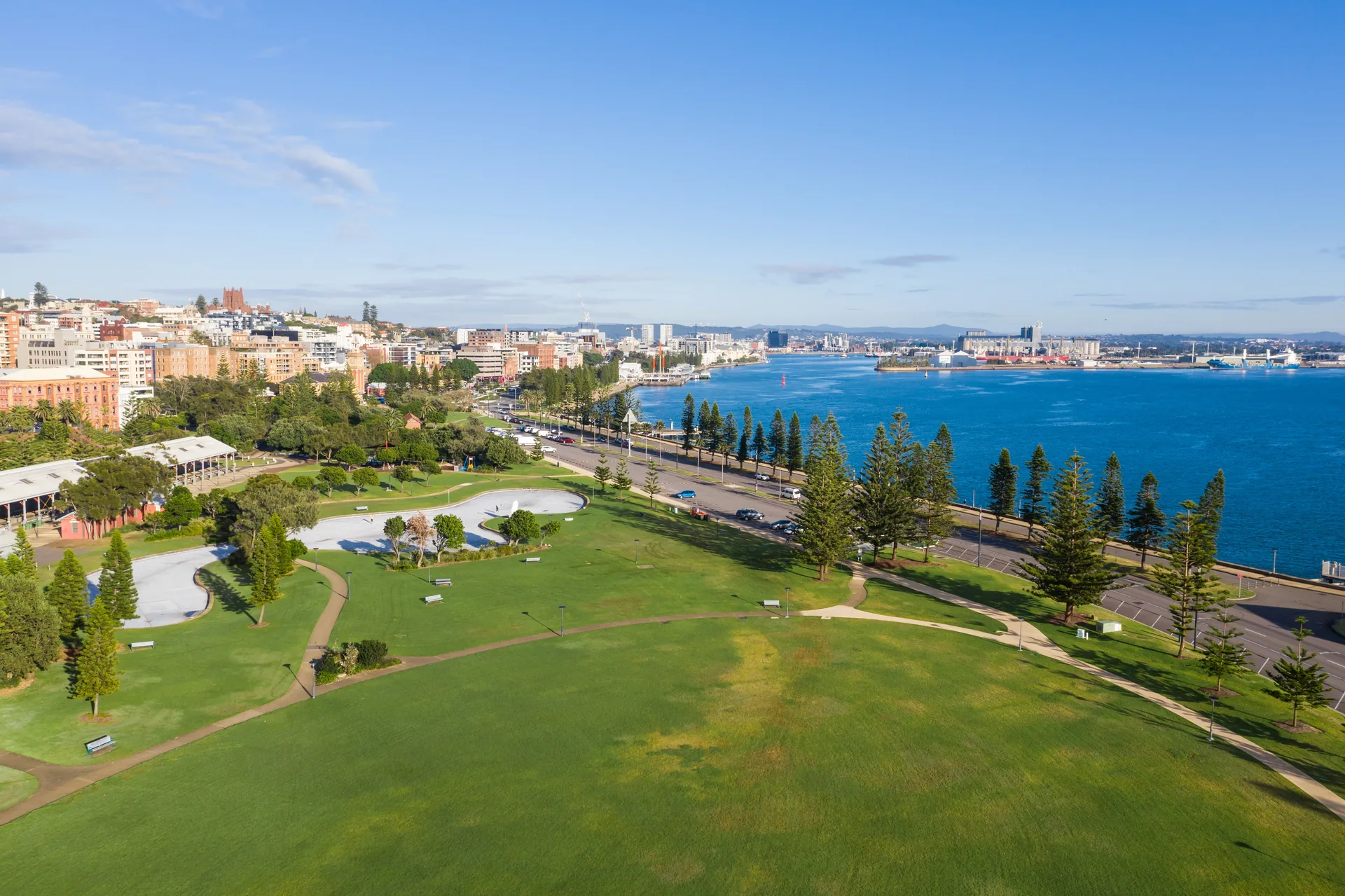 Newcastle harbour foreshore viewed from a city park